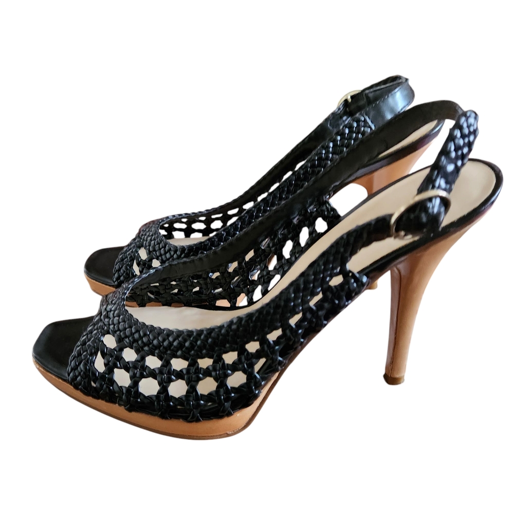 Nine West Sling Back Woven Heels Open Toe Size 6.5 Black